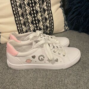 G by Guess White and Pink Embellished Sneakers